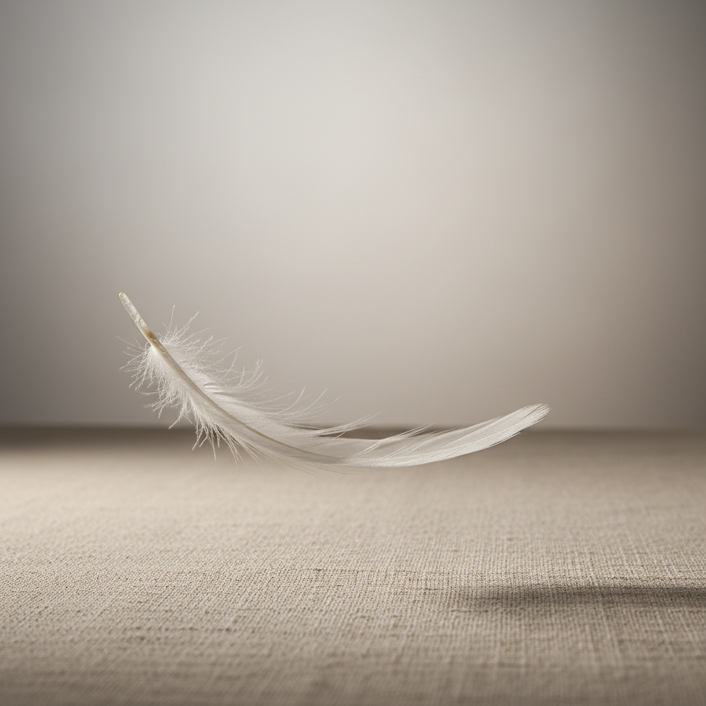 A single, slender white feather with delicate, intricate barbs floats gently above a neutral-toned linen cloth. The background fades into a gradient of soft greys and muted taupes, with the feather positioned off-center in a rule-of-thirds composition. Subtle, diffused studio lighting creates soft shadows and very fine highlights along the feather's edges, emphasizing its fragility. The visual mood is serene, calm, and weightless, with the photographic realism and refined details enhancing a sense of gentle presence, perfectly reflecting the essence of guided meditation in a quiet digital space.