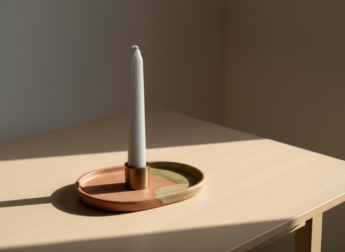 An elegant, unlit, smooth grey candle with a brushed metal base sits atop a matte ceramic tray in soft, earthy tones. The entire arrangement rests on a minimalist wooden table with a subtle grain. Warm, natural afternoon light gently washes across the scene from the side, producing subtle highlights and elongated, soft shadows that stretch behind the objects. The overall composition uses negative space with an off-center balance, promoting a peaceful, contemplative mood. The visual style is photographic and minimalist, inviting viewers into a quiet, sophisticated atmosphere ideal for meditation and inner observation.
